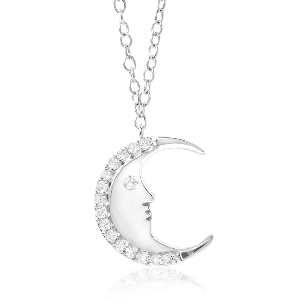 .925 sterling silver 1/10ct diamond crescent man on the moon 18’’ pendant necklace (h i color si1 si2 clarity)