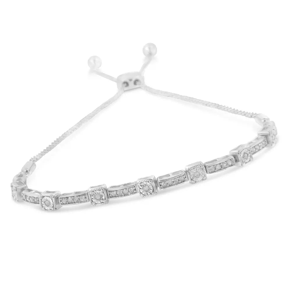 .925 Sterling Silver 1/4 Cttw Diamond 4”-10” Adjustable Bolo Alternating Square and Rectangle Bolo Bracelet (I-J Color, I3 Clarity) - Bijoux-NYC Direct