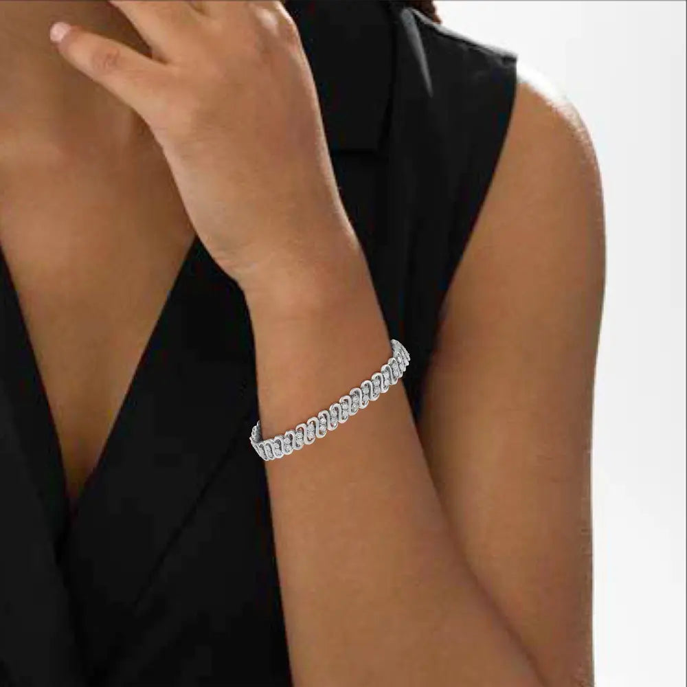 .925 Sterling Silver 1/4 cttw Round-Cut Diamond Double Row Wrapped S-Link Bracelet (I-J Color, I2-I3 Clarity) - Size 7.25" - Bijoux-NYC Direct