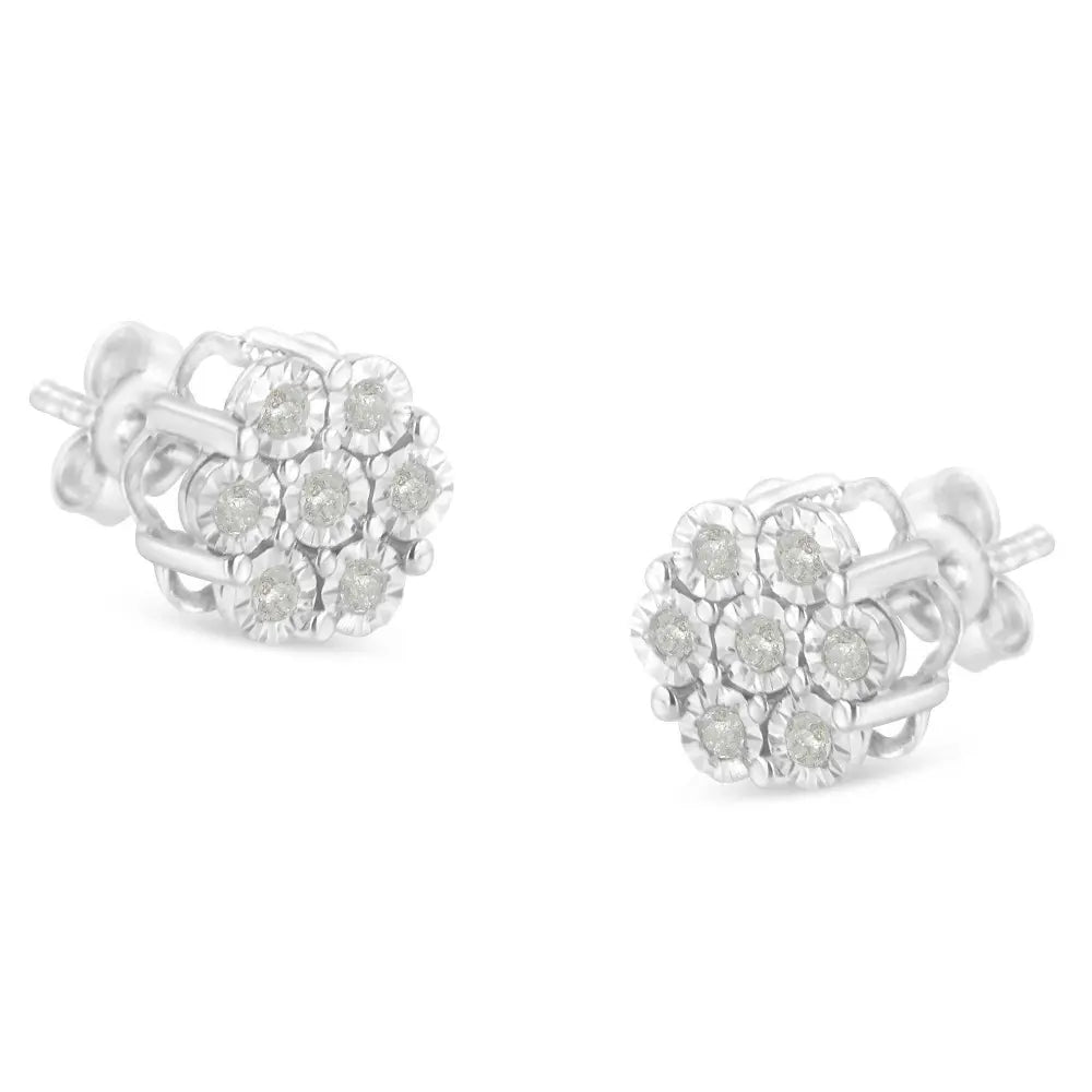 .925 Sterling Silver 1/4 Cttw Round-Cut Diamond Miracle-Set Floral Cluster Button Stud Earrings (I-J Color, I3 Clarity) - Bijoux-NYC Direct