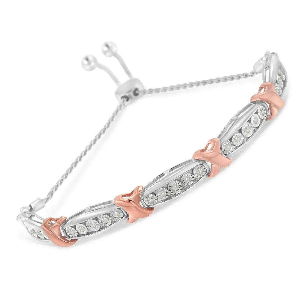 .925 Sterling Silver 1/4 Cttw Round-Cut Diamond X & Tapered Bar Miracle-Set Bolo Bracelet (I-J Color, I3 Clarity) - Two Tone Rose Gold & Silver - Bijoux-NYC Direct