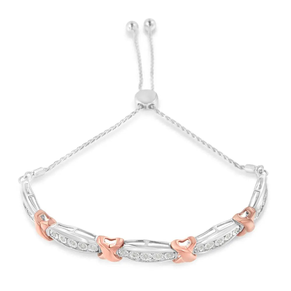 .925 Sterling Silver 1/4 Cttw Round-Cut Diamond X & Tapered Bar Miracle-Set Bolo Bracelet (I-J Color, I3 Clarity) - Two Tone Rose Gold & Silver - Bijoux-NYC Direct