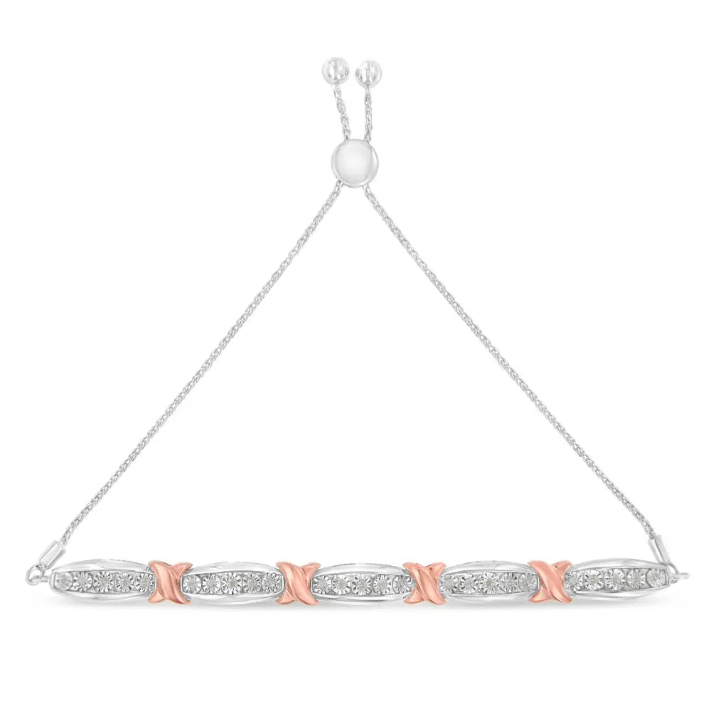 .925 Sterling Silver 1/4 Cttw Round-Cut Diamond X & Tapered Bar Miracle-Set Bolo Bracelet (I-J Color, I3 Clarity) - Two Tone Rose Gold & Silver - Bijoux-NYC Direct