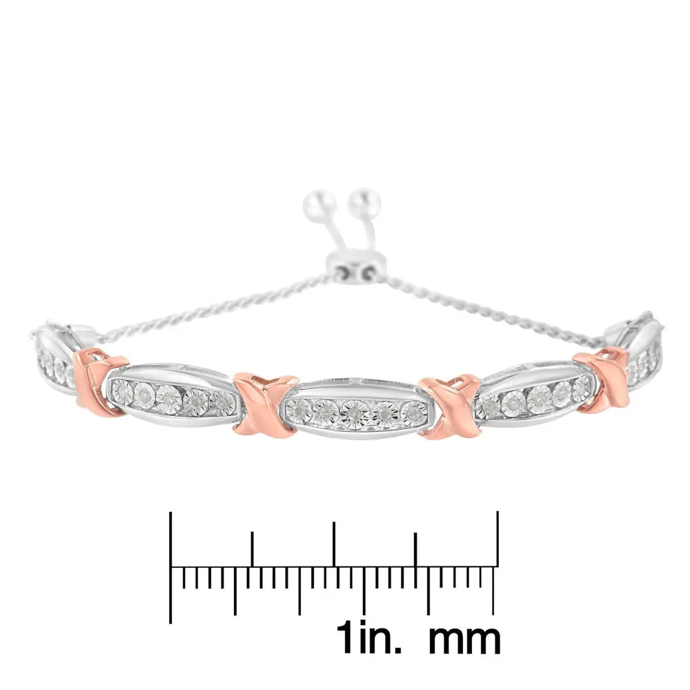 .925 Sterling Silver 1/4 Cttw Round-Cut Diamond X & Tapered Bar Miracle-Set Bolo Bracelet (I-J Color, I3 Clarity) - Two Tone Rose Gold & Silver - Bijoux-NYC Direct