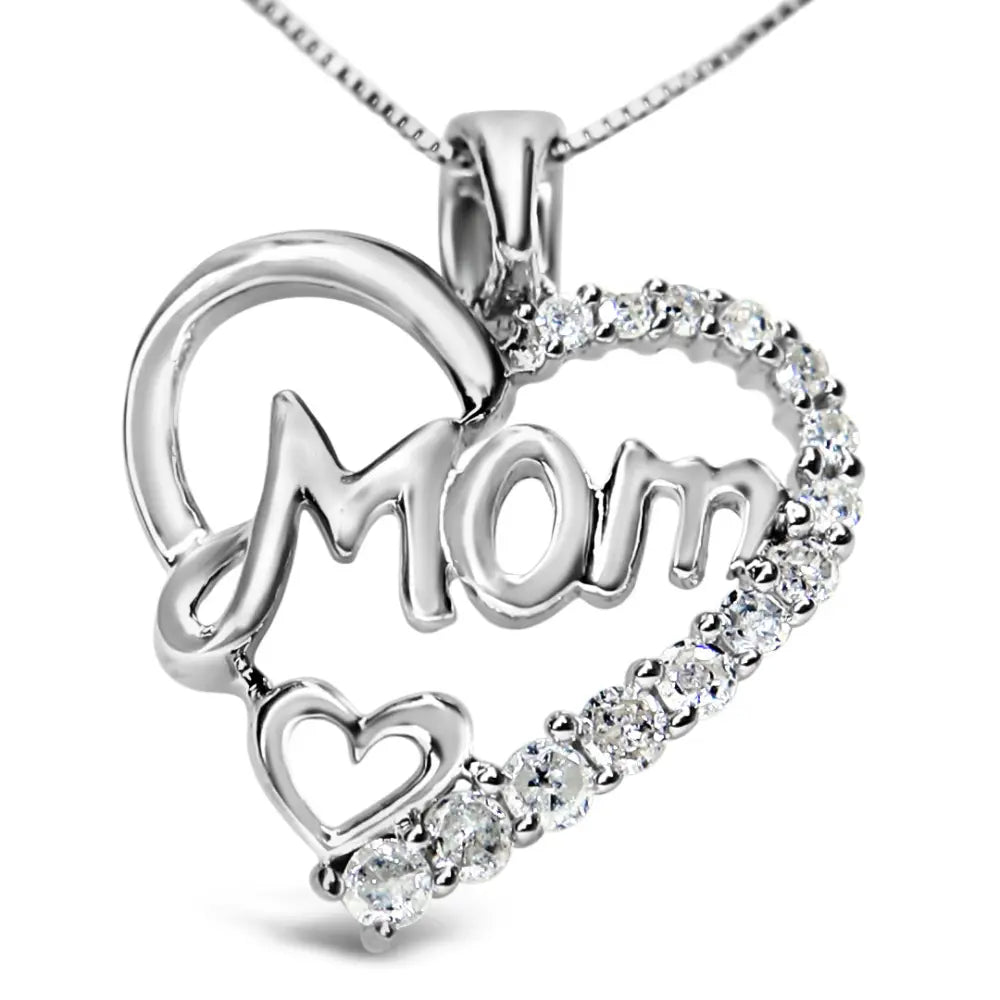 .925 Sterling Silver 1/4 Cttw Round Diamond "Mom" Heart Pendant 18" Necklace (I-J Color, I3 Clarity) - Bijoux-NYC Direct