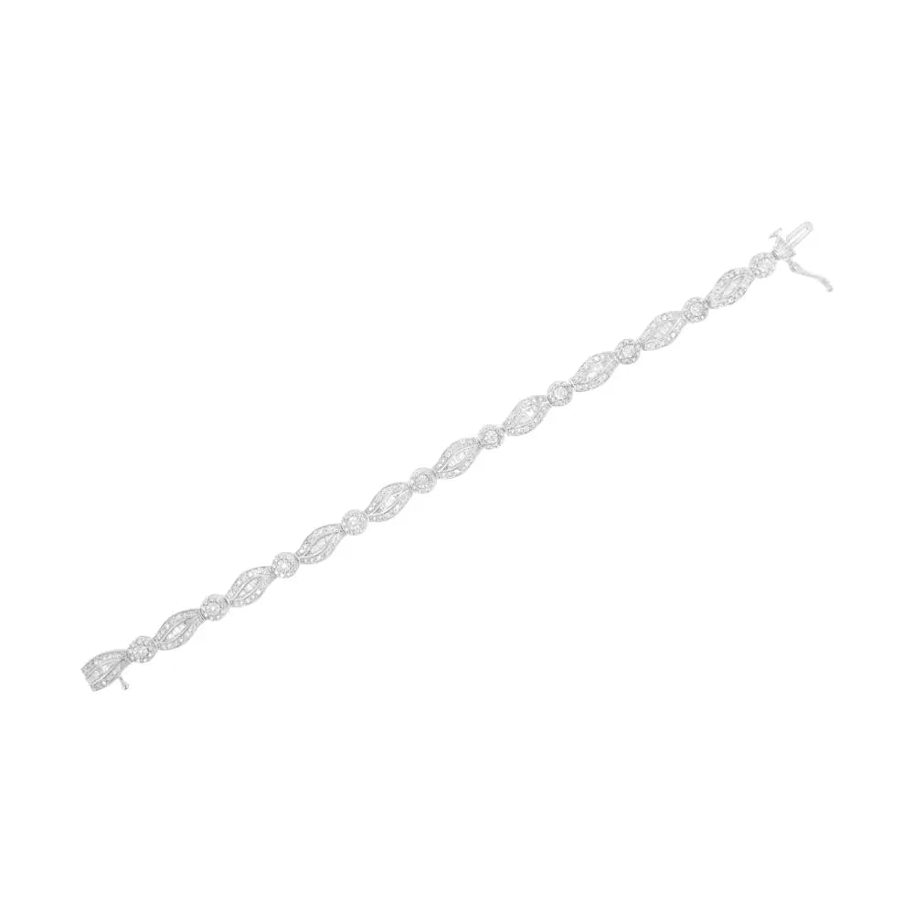 .925 Sterling Silver 1 cttw Diamond Double Leaf and Bezel Link Bracelet (I-J Clarity, I2-I3 Color) - Size 7.25" - Bijoux-NYC Direct