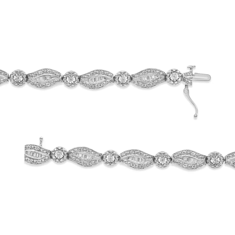 .925 Sterling Silver 1 cttw Diamond Double Leaf and Bezel Link Bracelet (I-J Clarity, I2-I3 Color) - Size 7.25" - Bijoux-NYC Direct