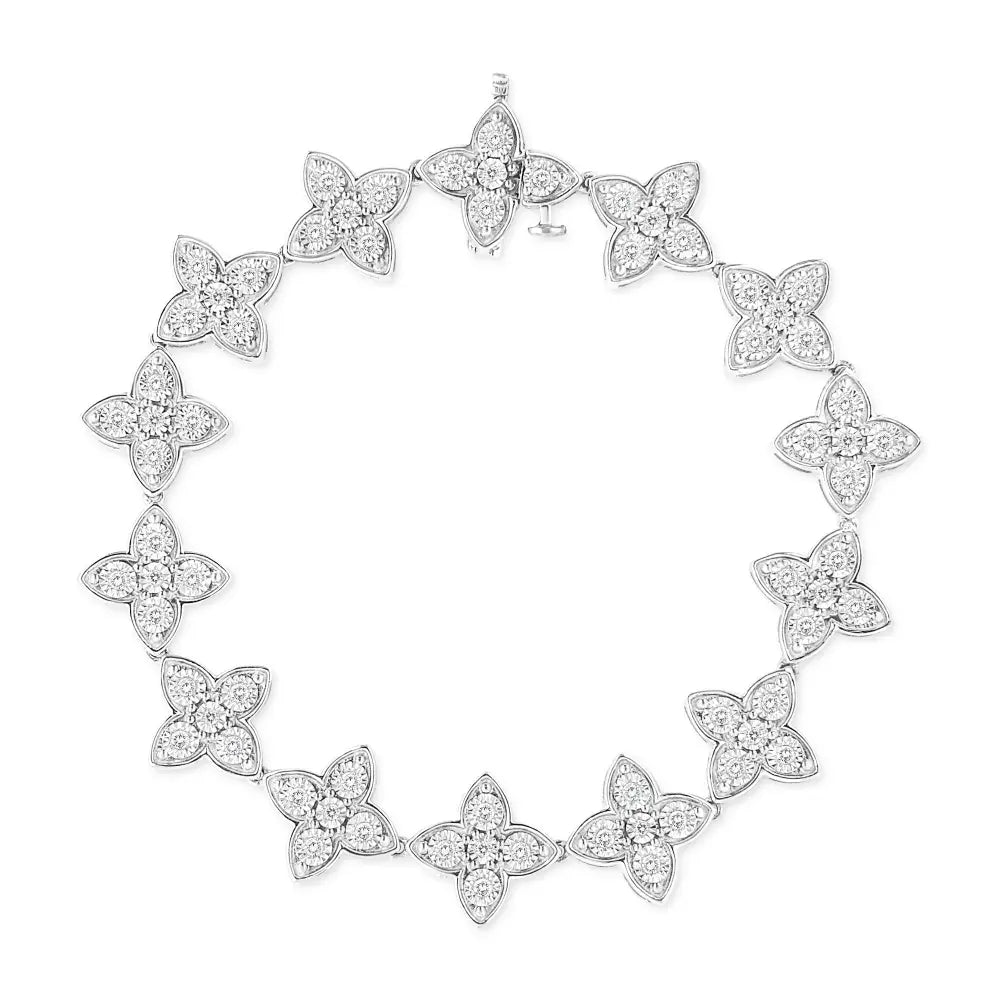 .925 Sterling Silver 1 cttw Miracle-Set Diamond 4 Leaf Clover Link Bracelet (I-J Clarity, I3 Color) - Size 7.25" - Bijoux-NYC Direct