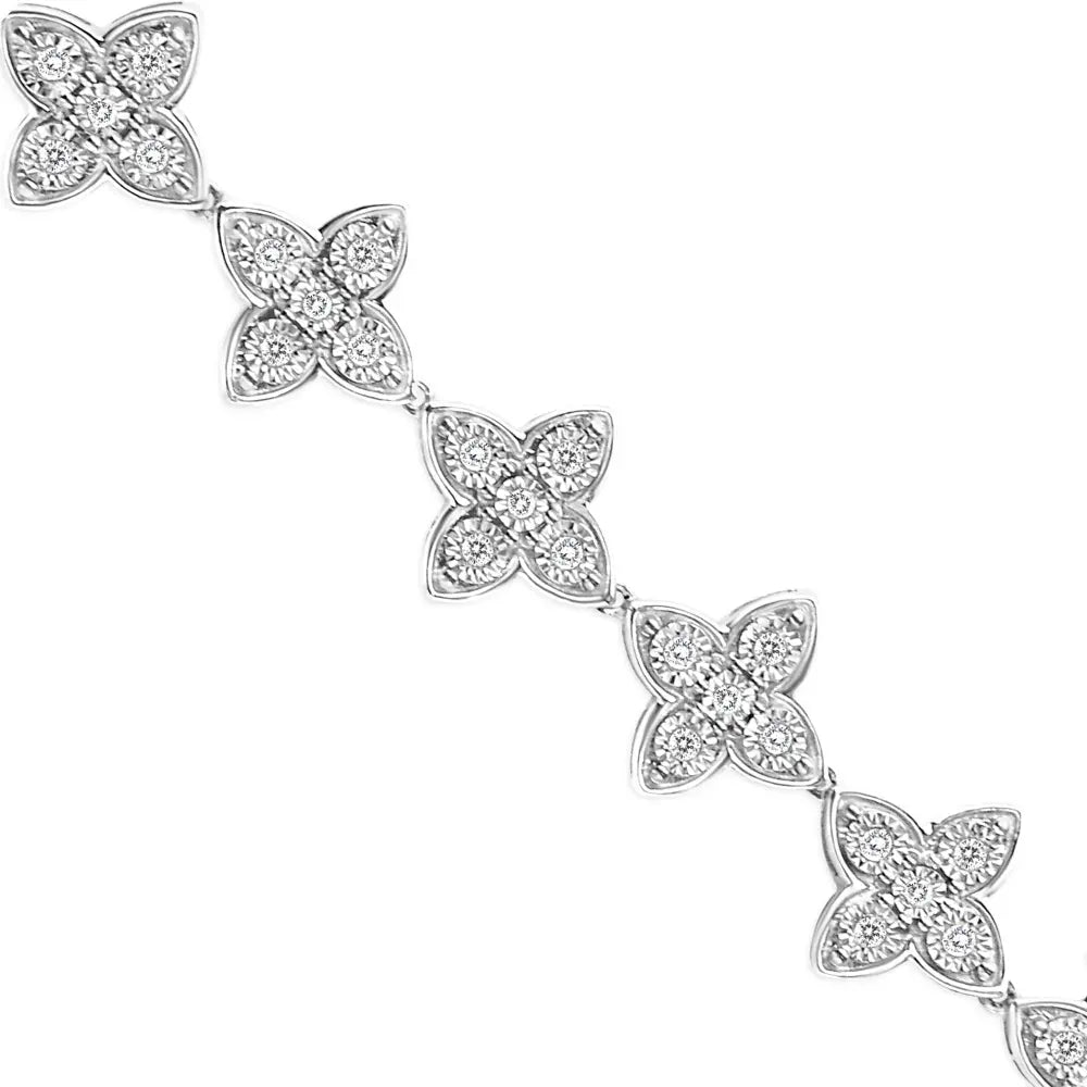 .925 Sterling Silver 1 cttw Miracle-Set Diamond 4 Leaf Clover Link Bracelet (I-J Clarity, I3 Color) - Size 7.25" - Bijoux-NYC Direct