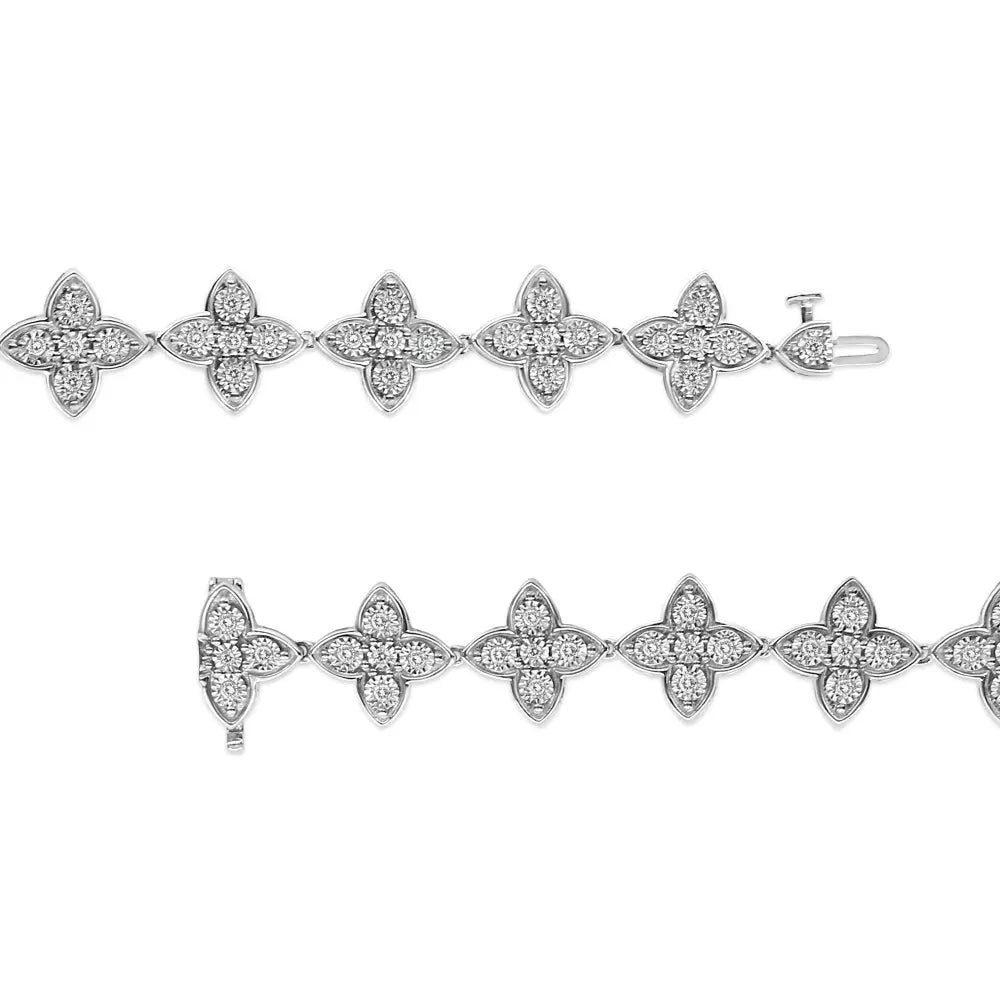 .925 Sterling Silver 1 cttw Miracle-Set Diamond 4 Leaf Clover Link Bracelet (I-J Clarity, I3 Color) - Size 7.25" - Bijoux-NYC Direct