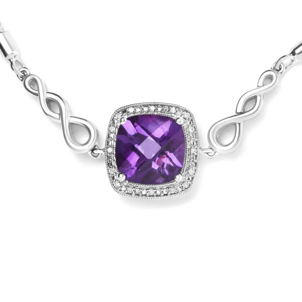 .925 Sterling Silver 10mm Cushion Cut Amethyst Gemstone and Diamond Accent Lariat 4”-10” Adjustable Bolo Bracelet (H-I Color, SI1-SI2 Clarity) - Bijoux-NYC Direct