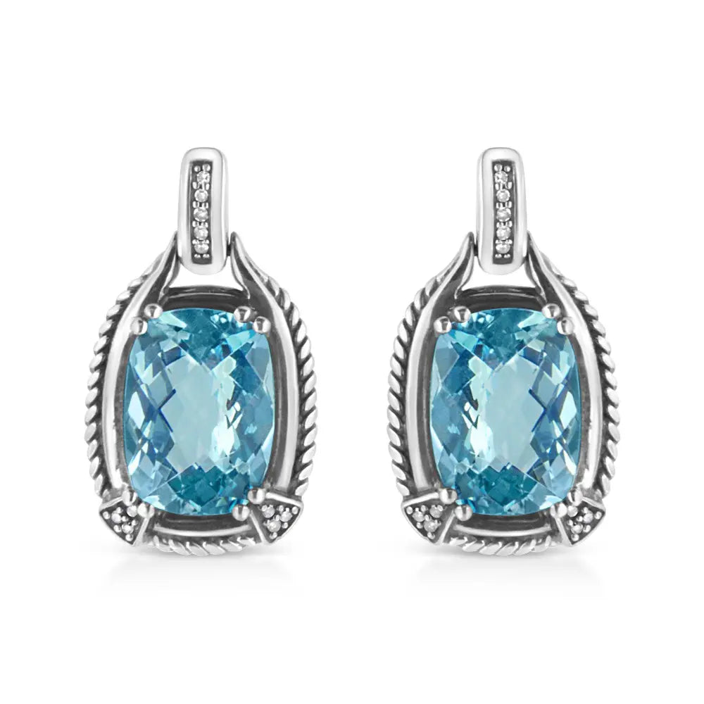 .925 Sterling Silver 14x10MM Cushion Cut Blue Topaz Gemstone and Diamond Accent Dangle Earring (I-J Color, I1-I2 Clarity) - Bijoux-NYC Direct
