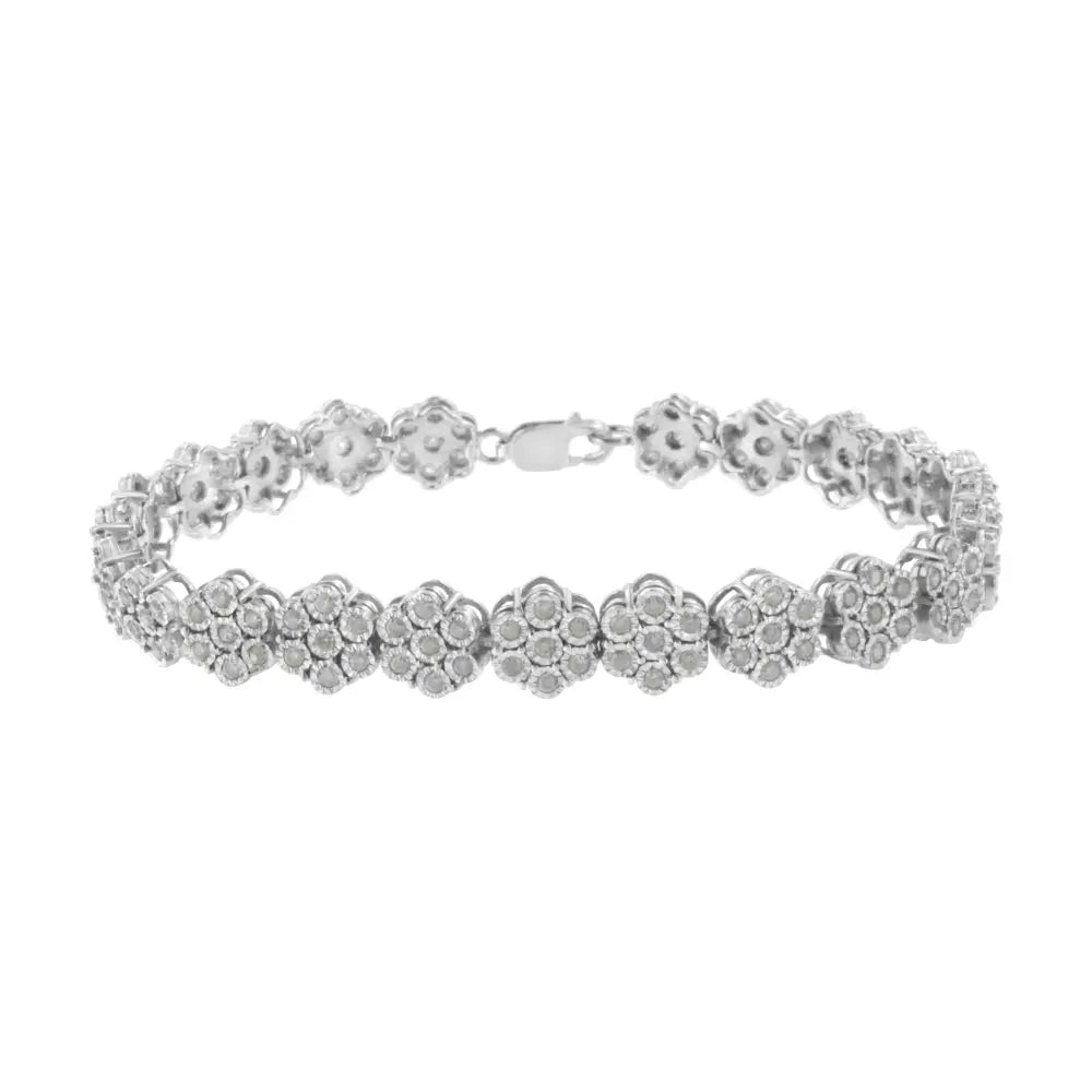 .925 Sterling Silver 2.0 cttw Diamond 7 Stone Floral Cluster Link Bracelet (I-J Color, I3 Clarity) -7.25" - Bijoux-NYC Direct