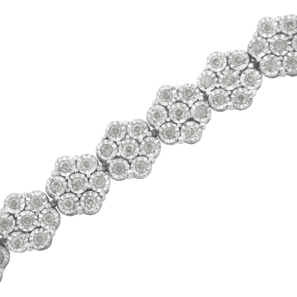 .925 Sterling Silver 2.0 cttw Diamond 7 Stone Floral Cluster Link Bracelet (I-J Color, I3 Clarity) -7.25" - Bijoux-NYC Direct