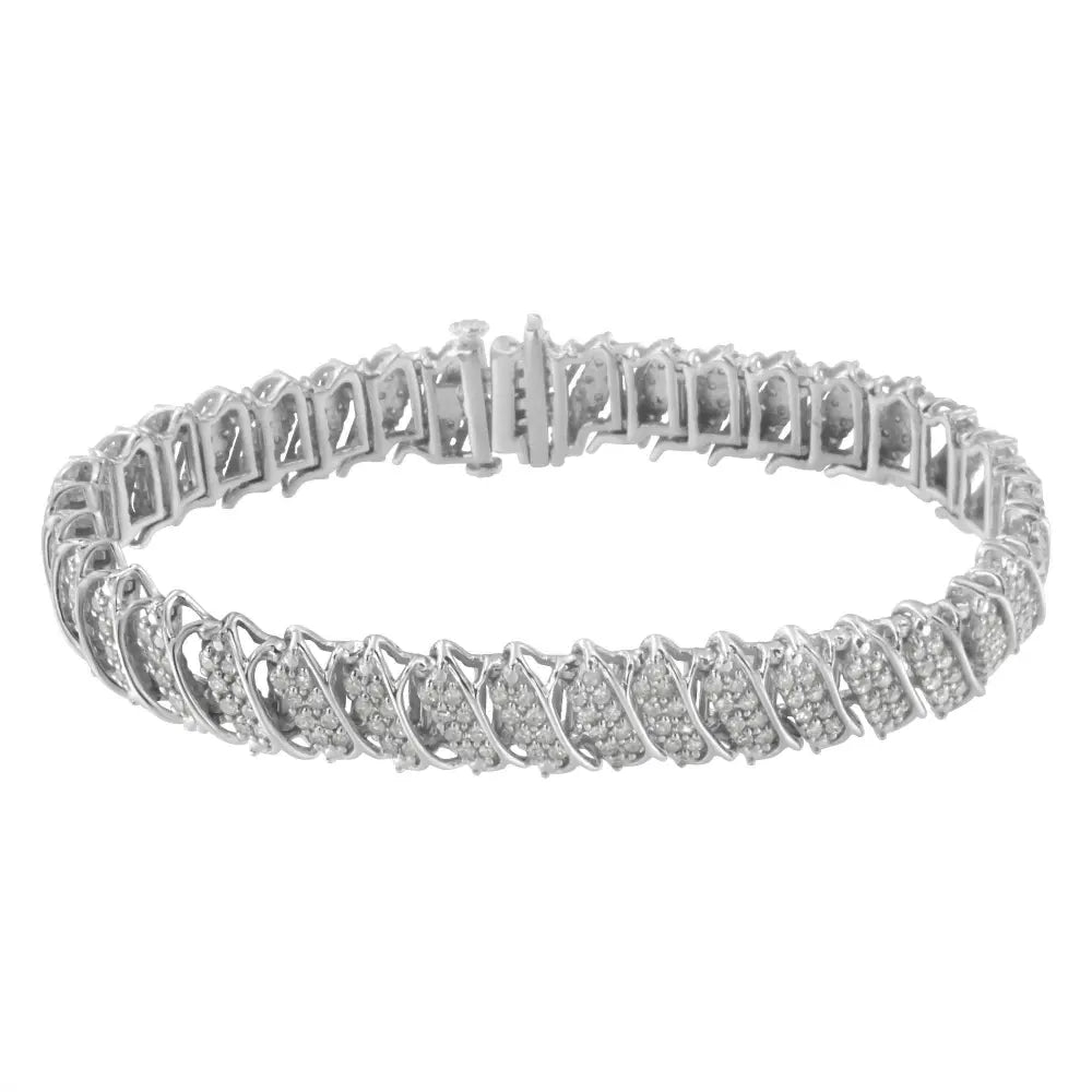 .925 Sterling Silver 3.0 Cttw Diamond Multi Row Cluster Slanted Wave Link 7-¼” Tennis Bracelet (I-J Color, I2-I3 Clarity) - Bijoux-NYC Direct