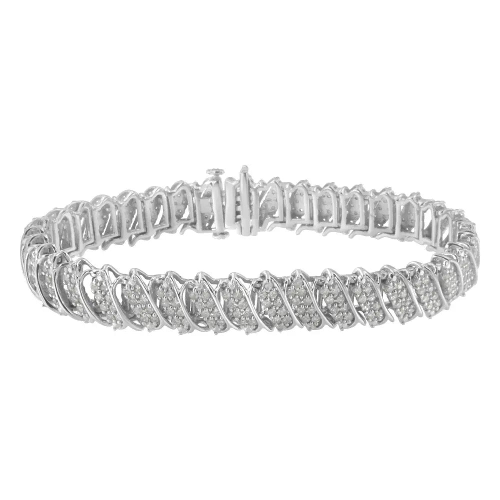 .925 Sterling Silver 3.0 Cttw Diamond Multi Row Cluster Slanted Wave Link 7-¼” Tennis Bracelet (I-J Color, I2-I3 Clarity) - Bijoux-NYC Direct