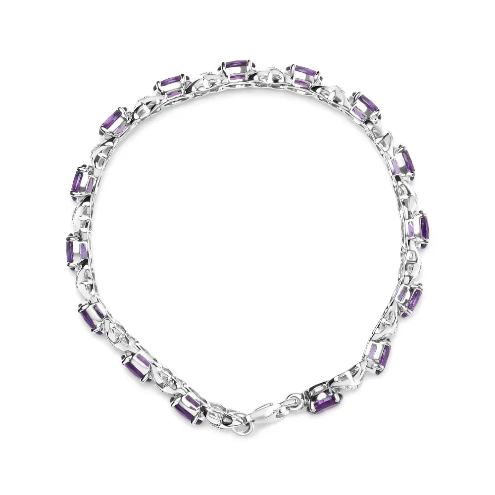 .925 Sterling Silver 7x5mm Oval Amethyst and Diamond Accent X-Link Bracelet (H-I Color, SI1-SI2 Clarity) - Size 7" - Bijoux-NYC Direct