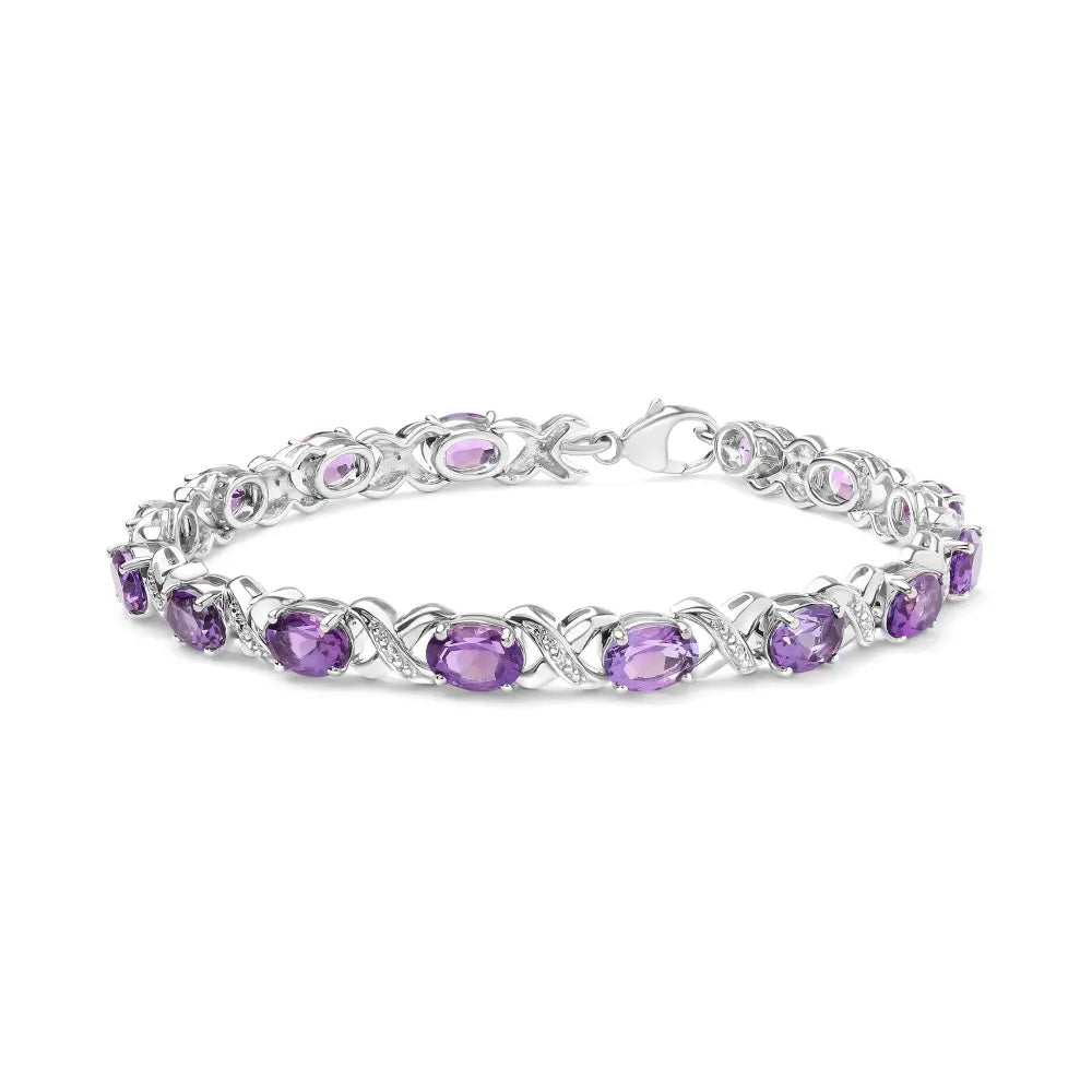 .925 Sterling Silver 7x5mm Oval Amethyst and Diamond Accent X-Link Bracelet (H-I Color, SI1-SI2 Clarity) - Size 7" - Bijoux-NYC Direct