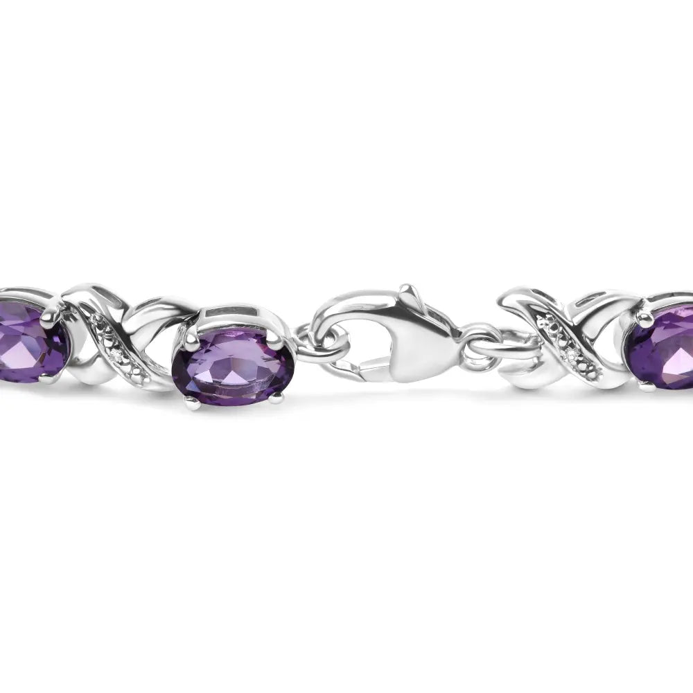 .925 Sterling Silver 7x5mm Oval Amethyst and Diamond Accent X-Link Bracelet (H-I Color, SI1-SI2 Clarity) - Size 7" - Bijoux-NYC Direct
