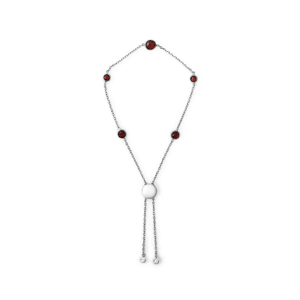 .925 Sterling Silver Bezel Set Red Garnet 5 Station Adjustable Bolo Bracelet - Bijoux-NYC Direct