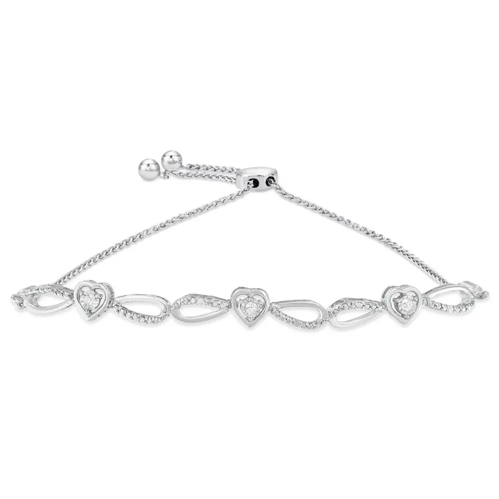 .925 Sterling Silver Diamond Accent Heart and Infinity 4”-10” Adjustable Bolo Bracelet (I-J Color, I3 Clarity) - Bijoux-NYC Direct