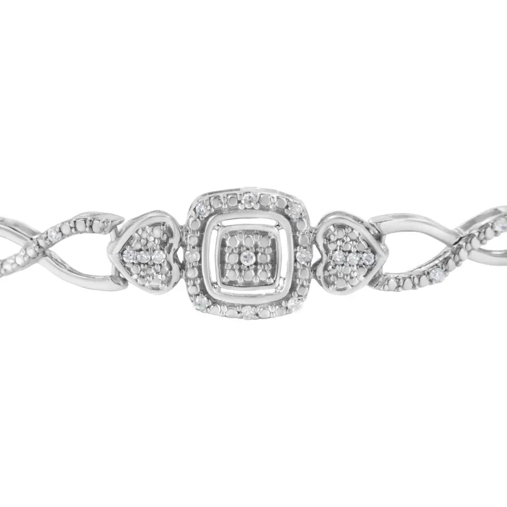 .925 Sterling Silver Diamond Cushion Frame Heart-Sides Twist 4”-10” Adjustable Bolo Tennis Bolo Bracelet (I-J Color, I3 Clarity) - Bijoux-NYC Direct