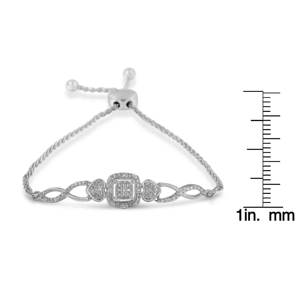 .925 Sterling Silver Diamond Cushion Frame Heart-Sides Twist 4”-10” Adjustable Bolo Tennis Bolo Bracelet (I-J Color, I3 Clarity) - Bijoux-NYC Direct