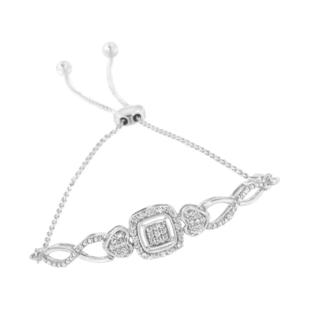.925 Sterling Silver Diamond Cushion Frame Heart-Sides Twist 4”-10” Adjustable Bolo Tennis Bolo Bracelet (I-J Color, I3 Clarity) - Bijoux-NYC Direct