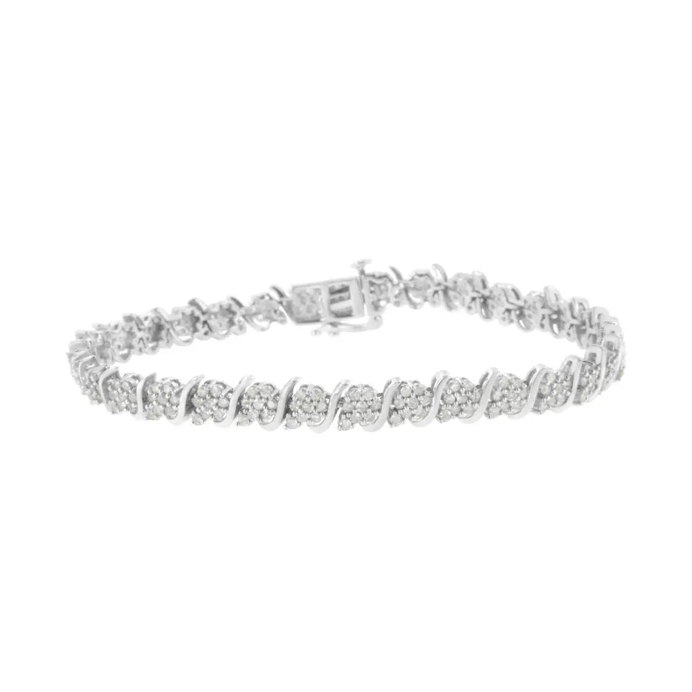 .925 Sterling Silver Diamond Floral Cluster Link Bracelet (2 3/4 cttw, I-J Color, I3 Clarity) - Size 7.25" - Bijoux-NYC Direct