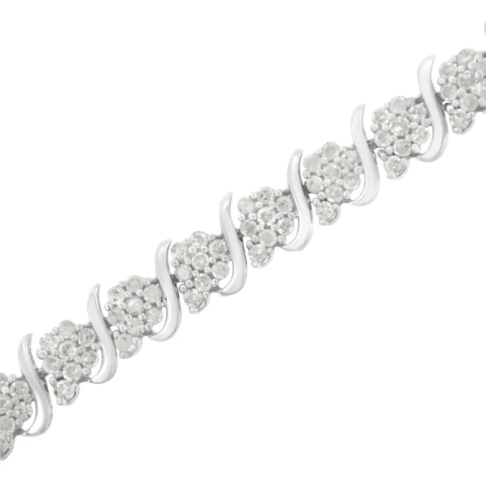 .925 Sterling Silver Diamond Floral Cluster Link Bracelet (2 3/4 cttw, I-J Color, I3 Clarity) - Size 7.25" - Bijoux-NYC Direct