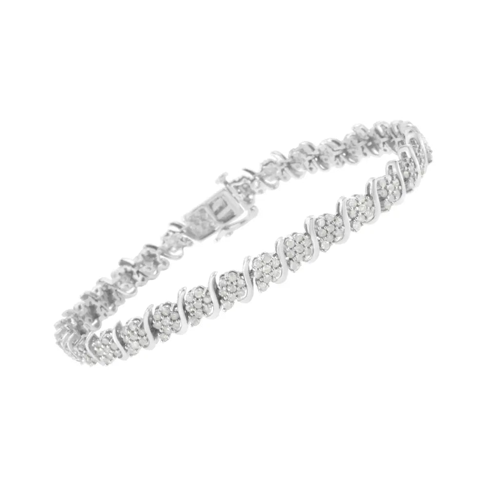 .925 Sterling Silver Diamond Floral Cluster Link Bracelet (2 3/4 cttw, I-J Color, I3 Clarity) - Size 7.25" - Bijoux-NYC Direct