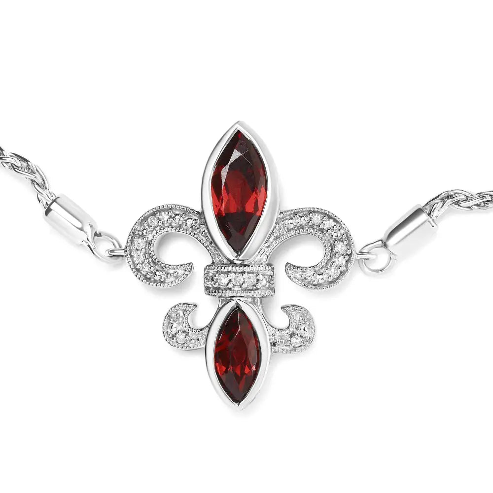 .925 Sterling Silver Marquise Garnet and Diamond Accent Lariat 4”-10” Fleur De Lis Adjustable Bolo Bracelet (H-I Color, SI1-SI2 Clarity) - Bijoux-NYC Direct