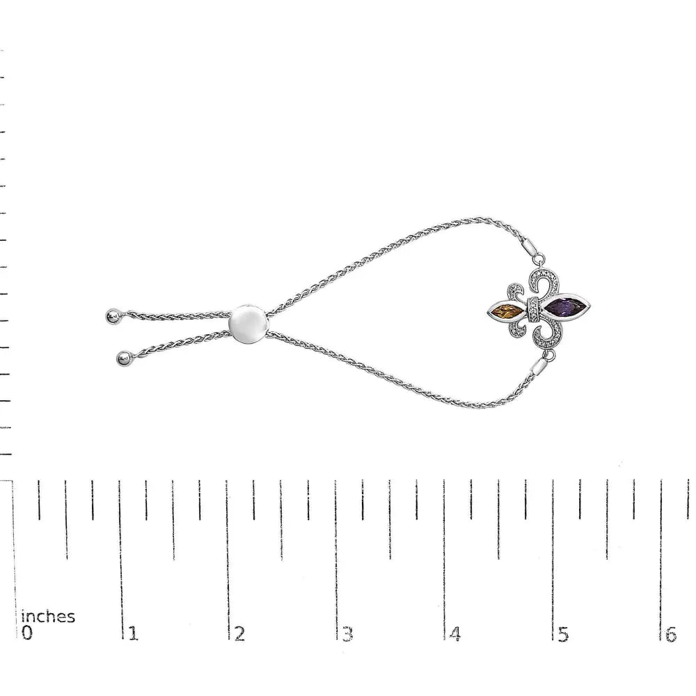 .925 Sterling Silver Marquise Purple Amethyst, Orange Citrine, and Diamond Accent Lariat 4”-10” Fleur De Lis Adjustable Bolo Bracelet (I-J Color, I1-I2 Clarity) - Bijoux-NYC Direct