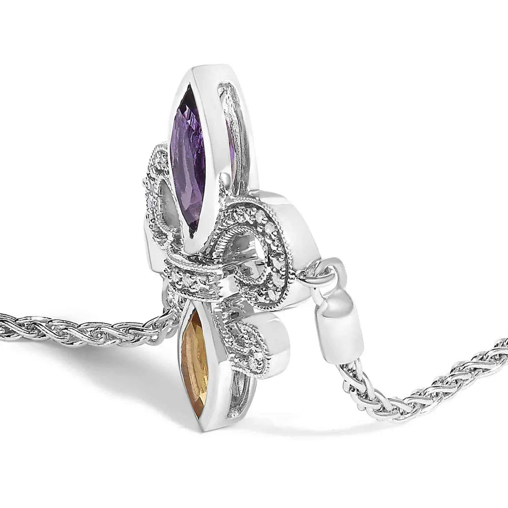 .925 Sterling Silver Marquise Purple Amethyst, Orange Citrine, and Diamond Accent Lariat 4”-10” Fleur De Lis Adjustable Bolo Bracelet (I-J Color, I1-I2 Clarity) - Bijoux-NYC Direct