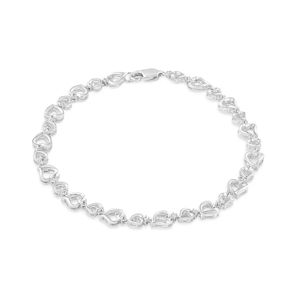 .925 Sterling Silver Prong Set Diamond Accent Alternating Heart Link Bracelet (I-J Color, I3 Clarity) - 7.25" Inches - Bijoux-NYC Direct