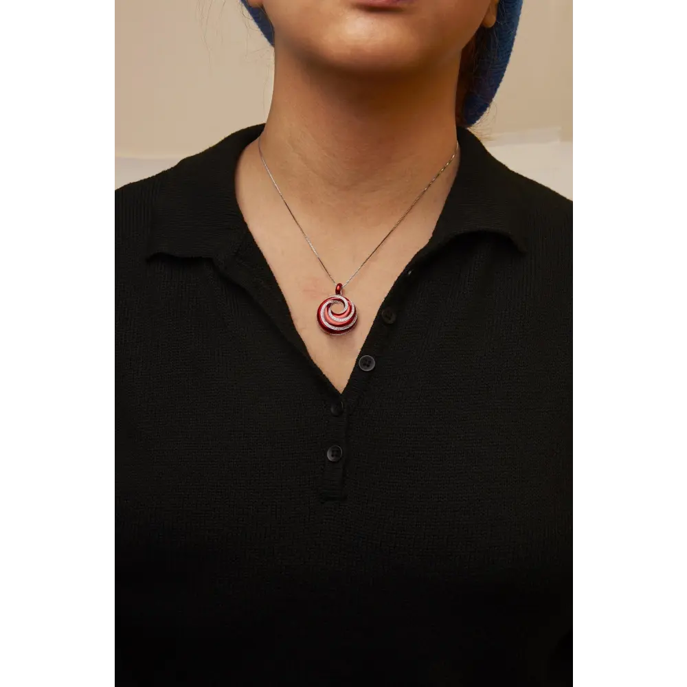 .925 sterling silver red enamel and 1/2 diamond endless swirl medallion 18’’ pendant necklace (f g color vs1 vs2 clarity)