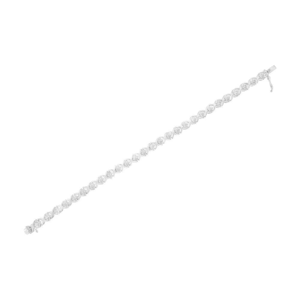 .925 Sterling Silver Round-Cut Diamond Accent Floral Cluster and "X" Link Bracelet (I-J Color, I3 Clarity) - 7.25" - Bijoux-NYC Direct