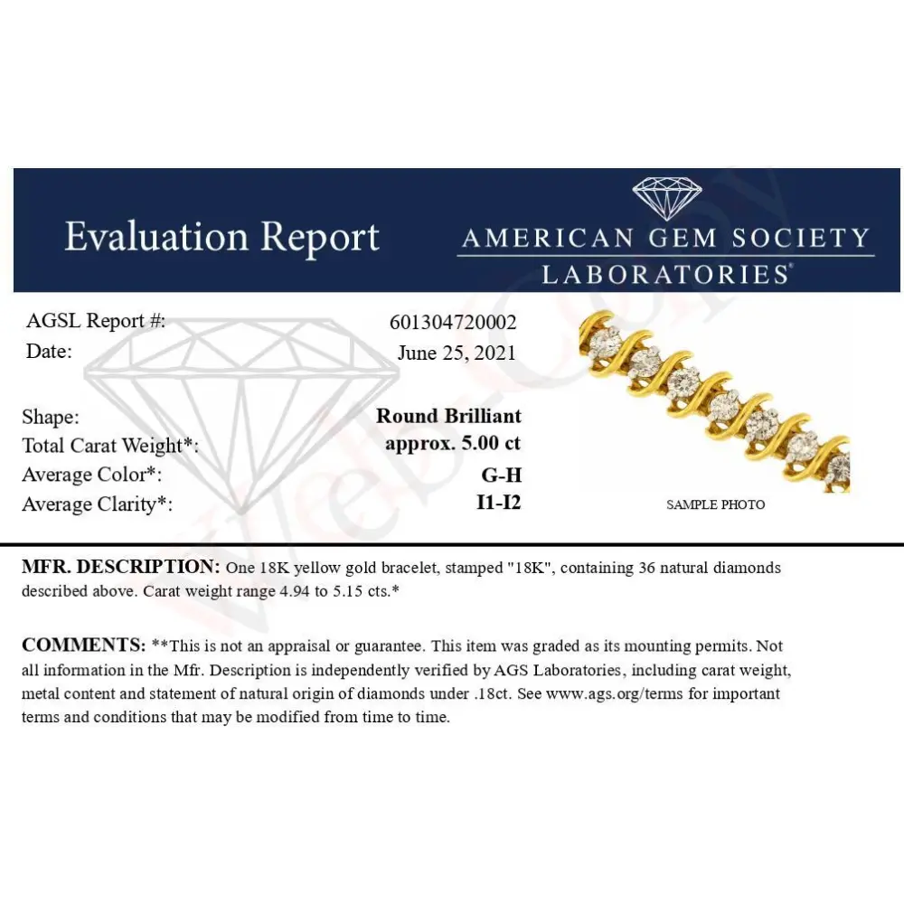 AGS Certified 18K Yellow Gold 5.00 Cttw "S" Link Wrapped 2-Prong Set Round Brilliant Diamond Tennis Bracelet (G-H Color, I1-I2 Clarity) - Size 7 - Bijoux-NYC Direct