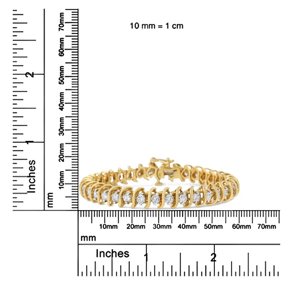 AGS Certified 18K Yellow Gold 5.00 Cttw "S" Link Wrapped 2-Prong Set Round Brilliant Diamond Tennis Bracelet (G-H Color, I1-I2 Clarity) - Size 7 - Bijoux-NYC Direct