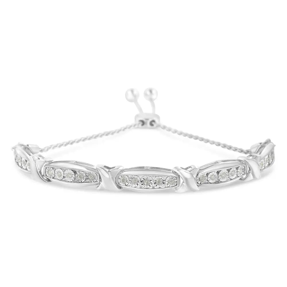 Round-Cut Diamond X & Tapered Bar Miracle-Set Bolo Bracelet (I-J Color, I3 Clarity) - .925 Sterling Silver - Bijoux-NYC Direct