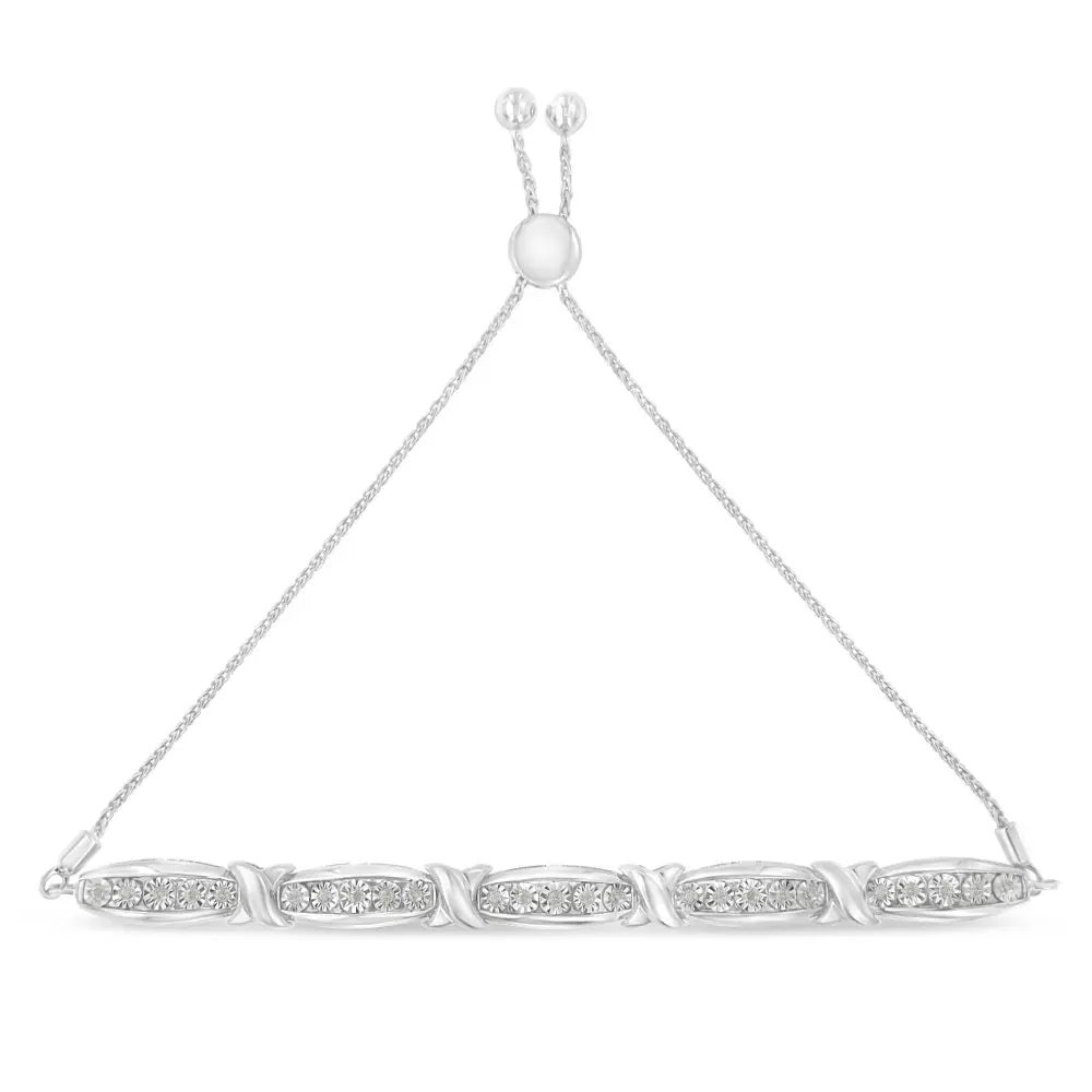 Round-Cut Diamond X & Tapered Bar Miracle-Set Bolo Bracelet (I-J Color, I3 Clarity) - .925 Sterling Silver - Bijoux-NYC Direct