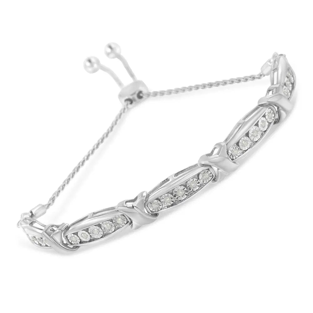 Round-Cut Diamond X & Tapered Bar Miracle-Set Bolo Bracelet (I-J Color, I3 Clarity) - .925 Sterling Silver - Bijoux-NYC Direct