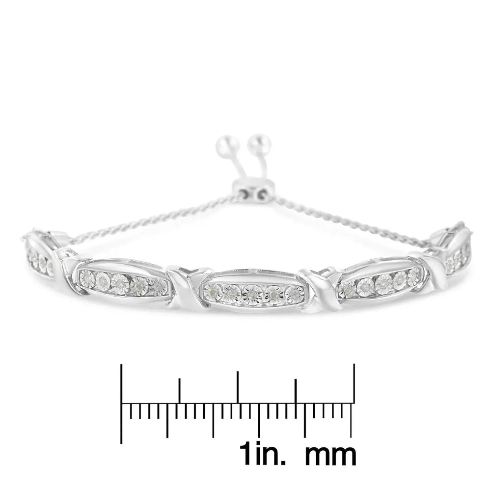 Round-Cut Diamond X & Tapered Bar Miracle-Set Bolo Bracelet (I-J Color, I3 Clarity) - .925 Sterling Silver - Bijoux-NYC Direct