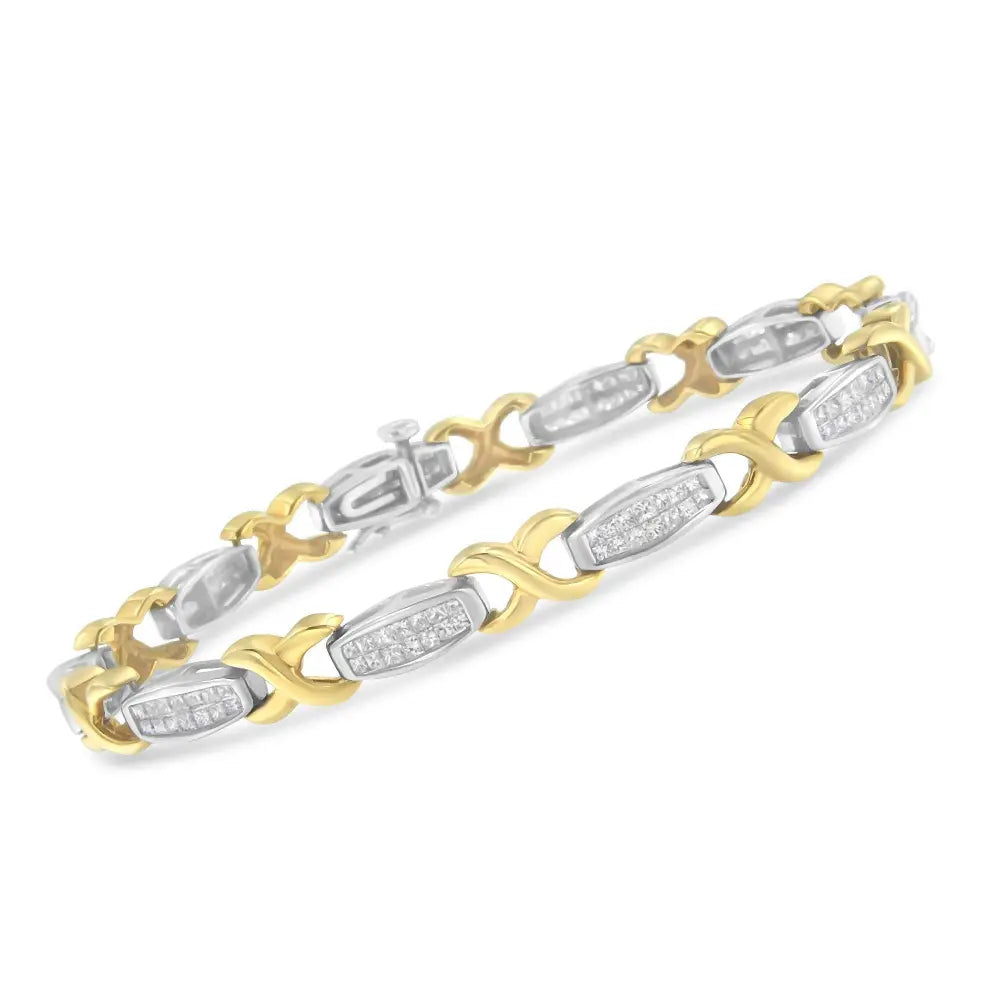 Two-Tone 14K Yellow & White Gold 2.0 Cttw Princess-Cut Diamond Tapered and X-Link Tennis Bracelet (G-H Color, SI1-SI2 Clarity) - 7-¼” - Bijoux-NYC Direct