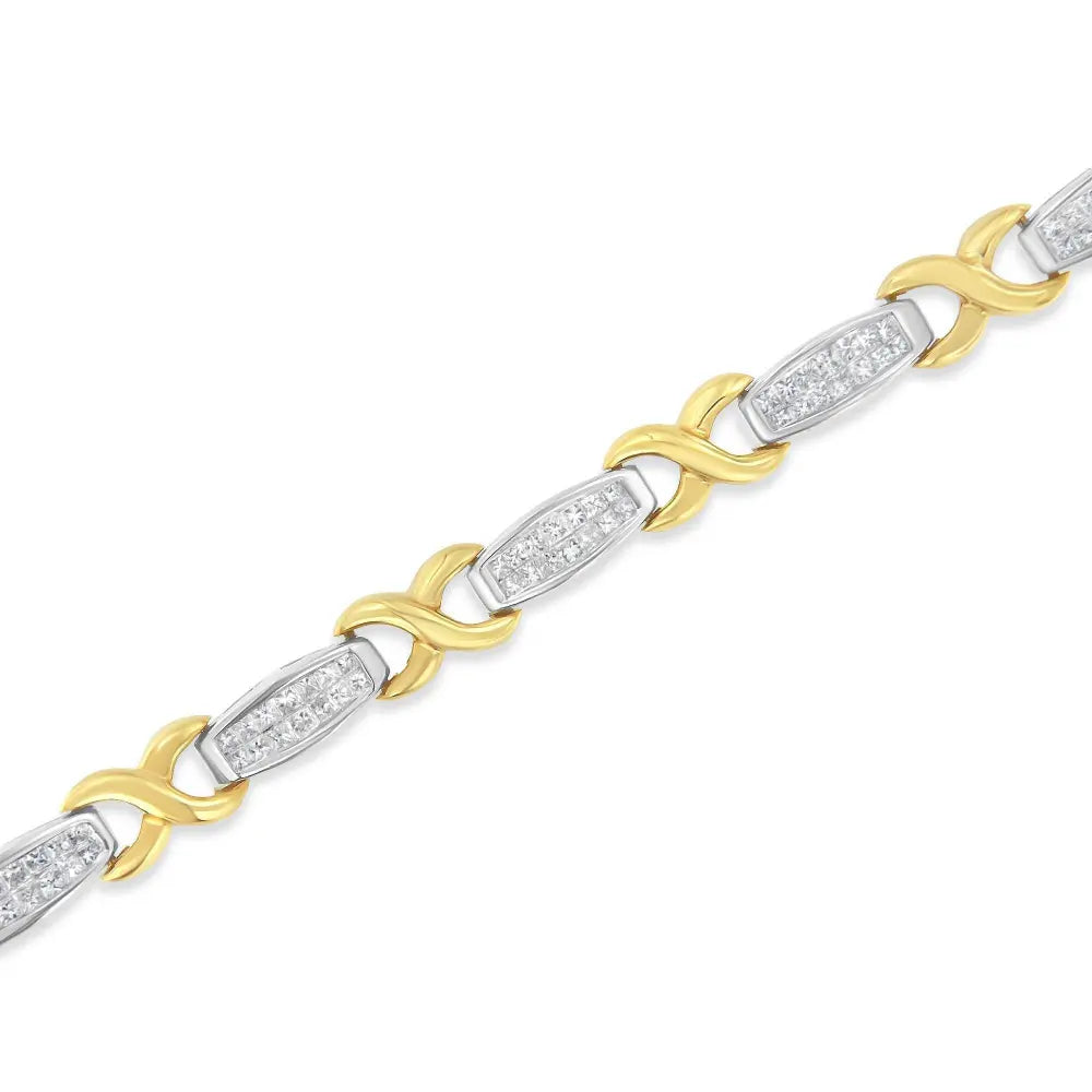 Two-Tone 14K Yellow & White Gold 2.0 Cttw Princess-Cut Diamond Tapered and X-Link Tennis Bracelet (G-H Color, SI1-SI2 Clarity) - 7-¼” - Bijoux-NYC Direct