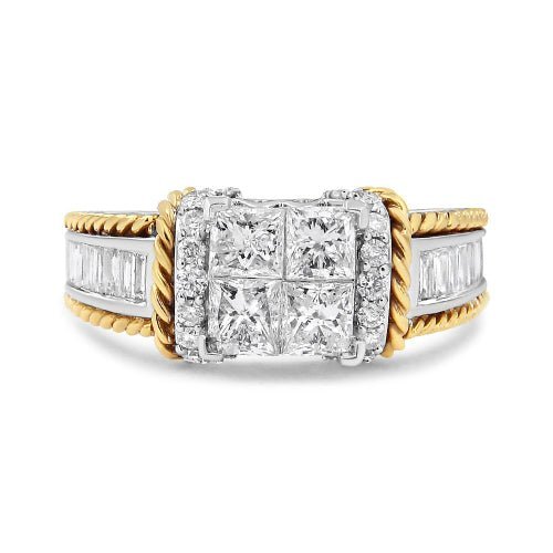 14K White and Yellow Gold 1 12 Cttw Invisible Set Princess-Cut Diamond Quad Style Engagement Ring (H-I Color, SI2-I1 Clarity)