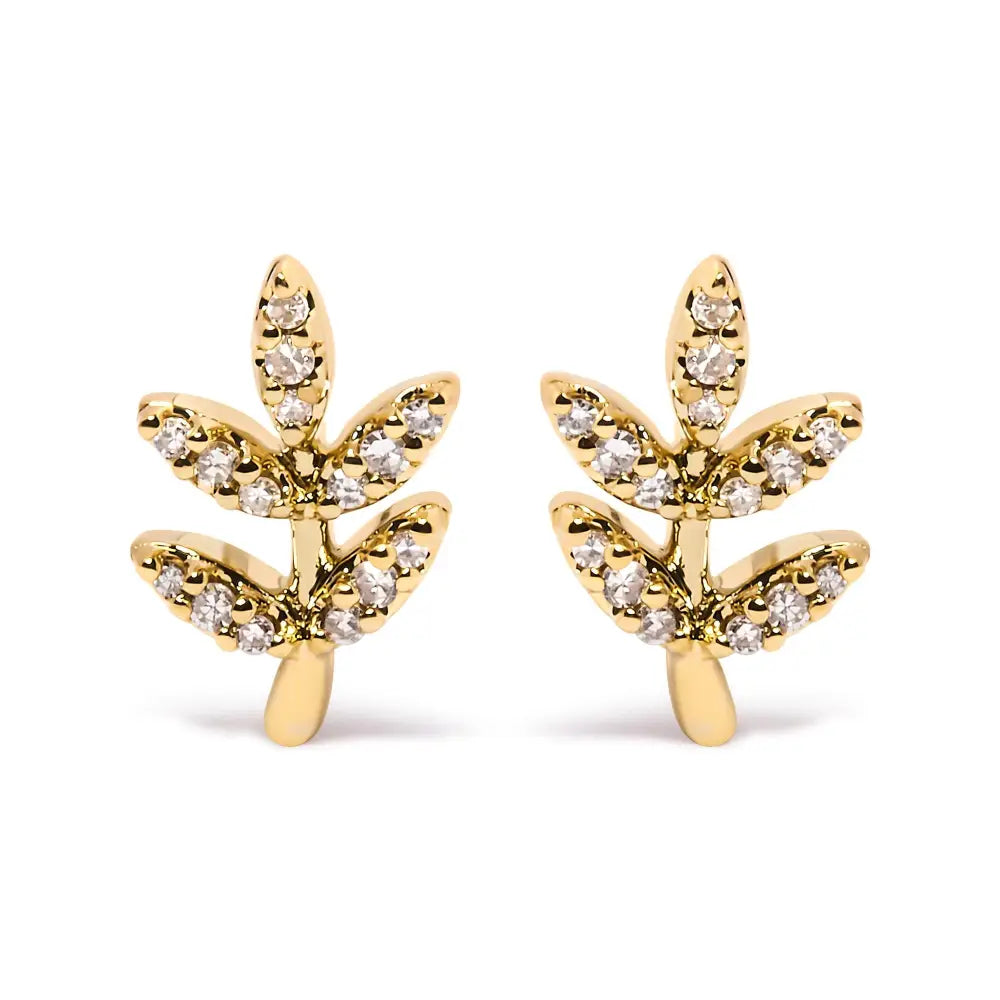 Diamond Leaf & Branch Stud Earrings in 10K Yellow Gold – 110 cttw