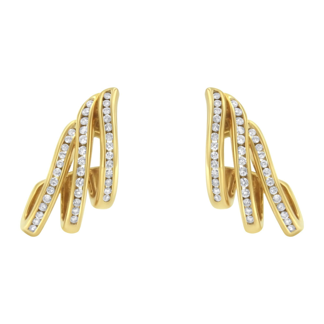 10K Yellow Gold 1.0 Cttw Round Brilliant Cut Diamond Spiral Multi Row Channel Set Open Hoop Pushback Stud Earrings (H-I Color, I1-I2 Clarity)
