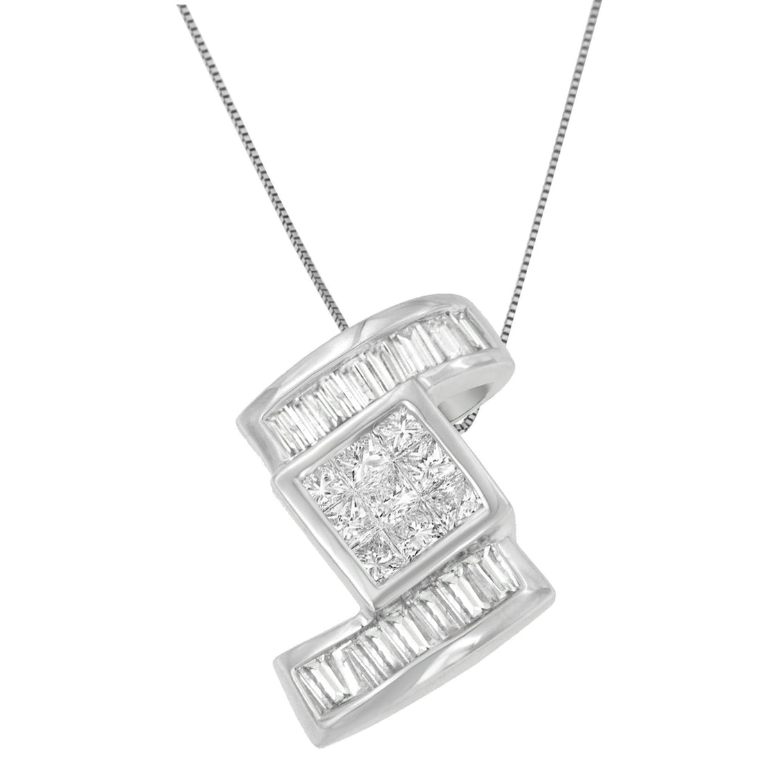 14K White Gold 1 25 cttw Princess and Baguette Cut Diamond Zig Zag Pendant Necklace (H-I, SI1-SI2)