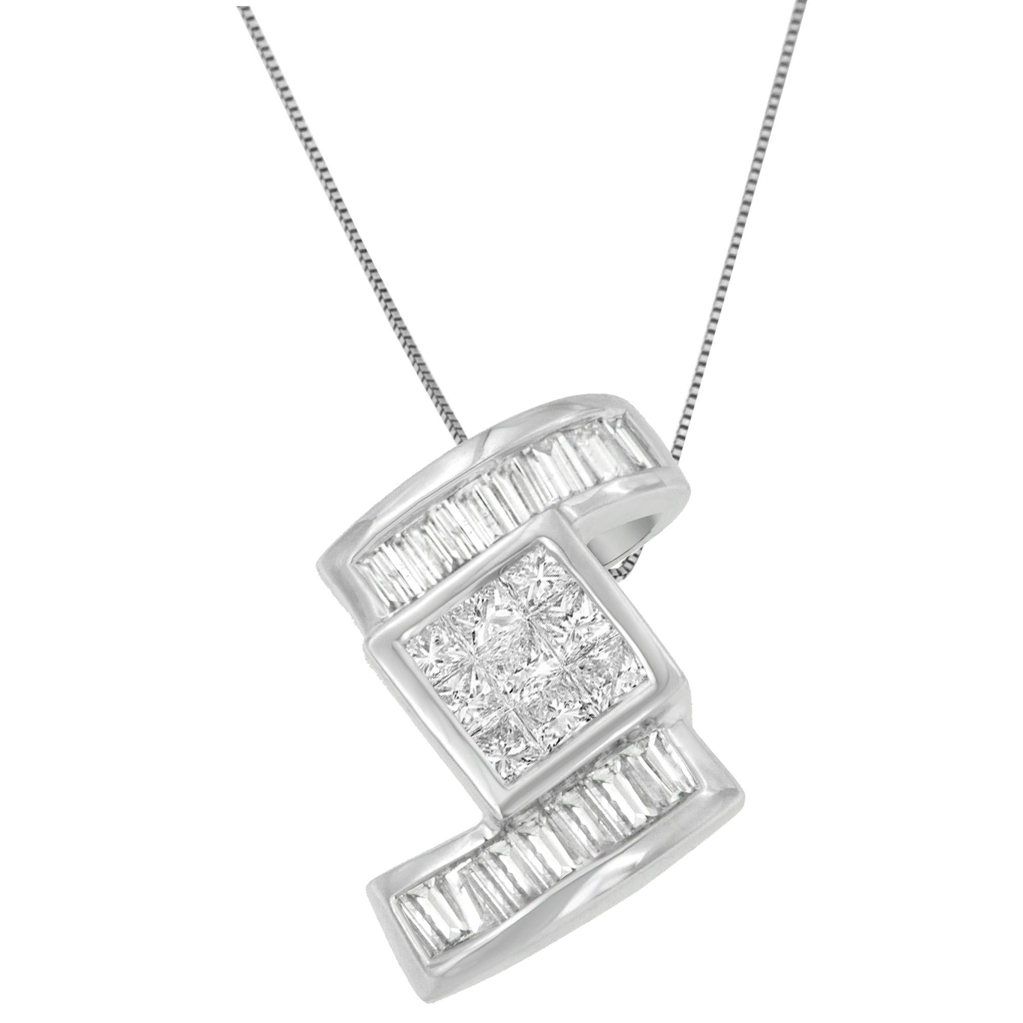 14K White Gold 1 25 cttw Princess and Baguette Cut Diamond Zig Zag Pendant Necklace (H-I, SI1-SI2)